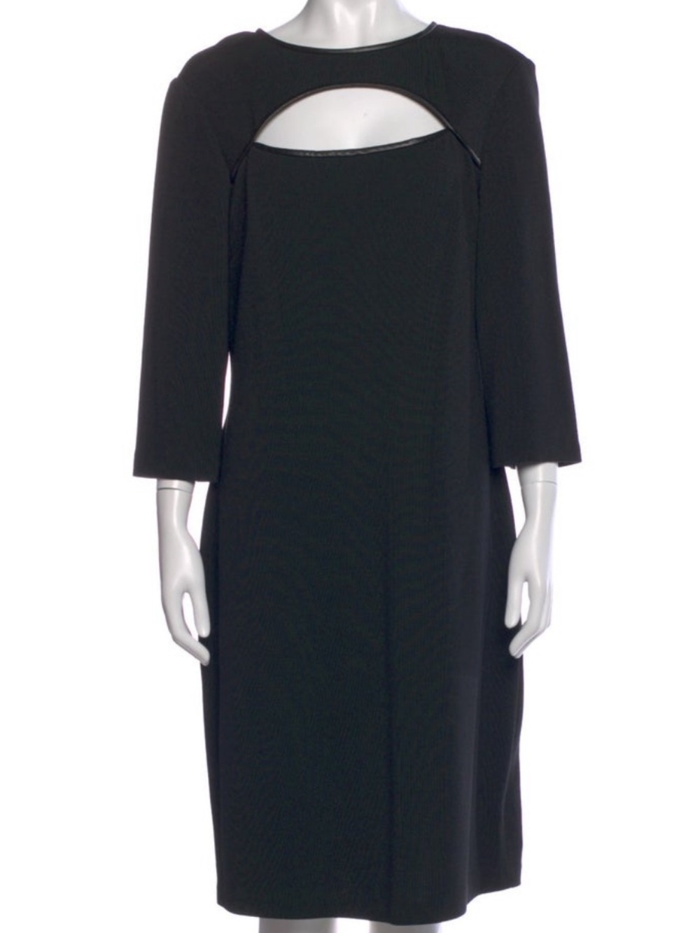 St. John Black Wool Blend Cutout Sheath with Leather Trim Shift  Dress – Size 12 - Picture 9 of 13